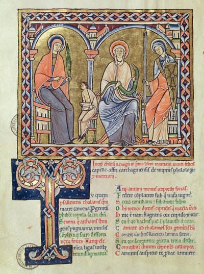 Ms 1041 f.1v Grammatica, Dialettica e Retorica da Satyricon di Marziano Capella, c.1200 da French School