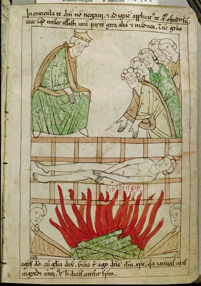 Il Martirio di San Lorenzo nel 258 d.C., da una Bibbia da French School