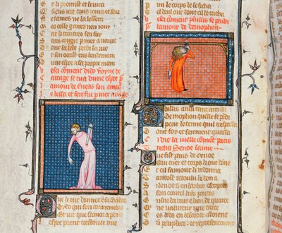 Ms 1126 Il suicidio di Didone con la spada e il suicidio di Fillide per impiccagione, da Le Roman de la Rose di Guillaume de Loris e Jean de Meung, c.1360-70 da French School