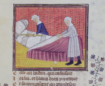 Ms 1130 fol.83r Castità e Povertà che fanno un letto, dal Roman des Trois Pèlerinages di Guillaume de Digulleville da French School
