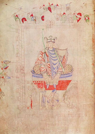 Ms. 1215 t.3 fol.13v Re Davide in maestà al centro di Gerusalemme da French School