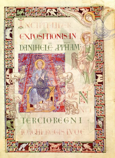 Ms 132 f.2v Daniele nella Fossa dei Leoni Nutrito da Abacuc, da Explanatio in Prophetas et Ecclesiasten di San Girolamo da French School