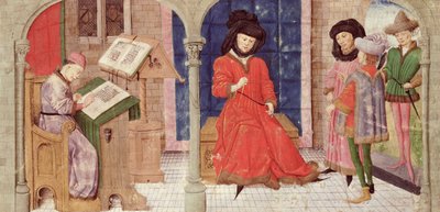 Ms 149 t.1 fol.1 Lo scriba, dalla Histoire des Nobles Princes de Hainaut, di Jacques de Guise da French School