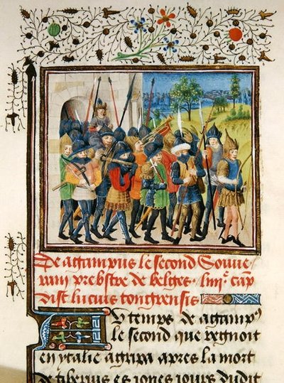 Ms 149 t.1 fol.45 Un esercito in campagna, dalla Histoire des Nobles Princes de Hainaut, di Jacques de Guise da French School