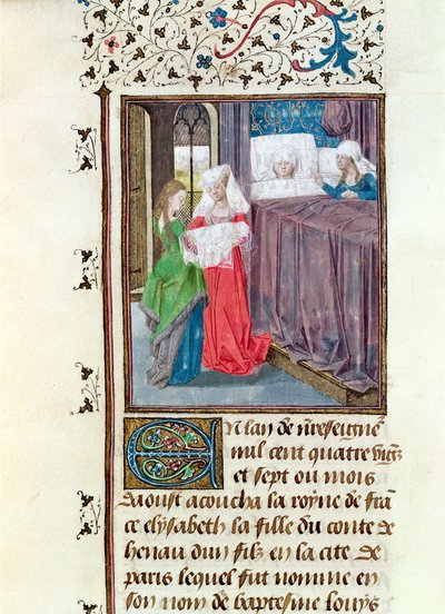 Ms 149 t.3 f.119 La Nascita di Luigi (1187-1226) nel 1187, dalla Histoire des Nobles Princes de Hainaut, di Jacques de Guise da French School