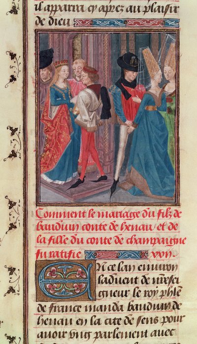 Ms 149 t.3 fol.105 Matrimonio di Baldovino VI e Maria, figlia del conte di Champagne, dalla Histoire des Nobles Princes de Hainaut, di Jacques de Guise da French School