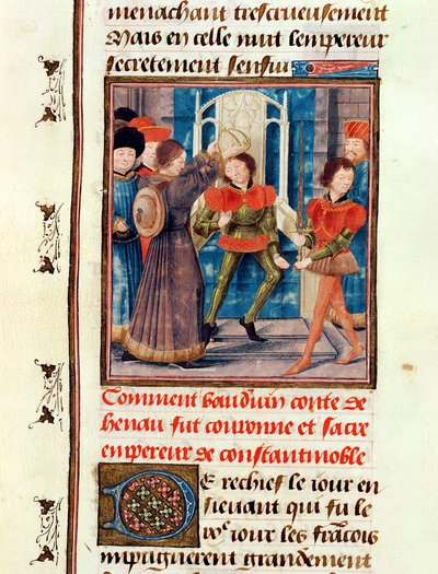 Ms 149 t.3 fol.183v Come Baldovino I (1171-1205) Sesto Conte di Hainaut, fu incoronato Imperatore di Costantinopoli nel 1204, dalla Histoire des Nobles Princes de Hainaut, di Jacques de Guise da French School