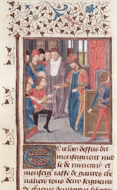 Ms 149 t.3 fol.95v Nomina di due cavalieri, da Histoire des Nobles Princes de Hainaut, di Jacques de Guise da French School
