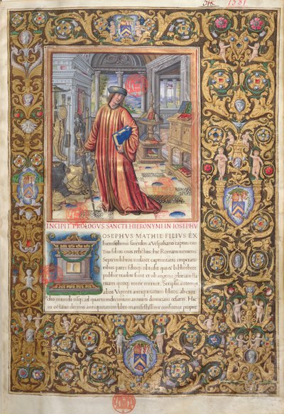 Flavio Giuseppe nel suo studio, illustrazione per il Prologo delle Antichità giudaiche (Antiquitates Judaicae) di Flavio Giuseppe da French School