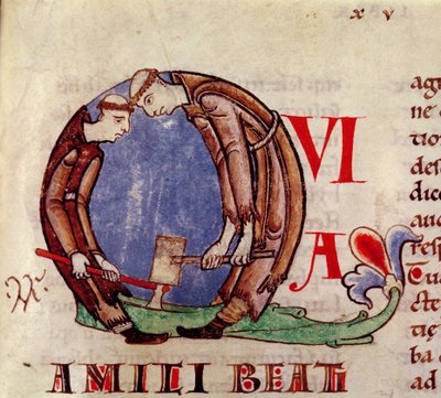 Ms 170 fol.59 Iniziale istoriata Q che raffigura monaci che tagliano legna, da Moralia in Job di Papa Gregorio Magno da French School