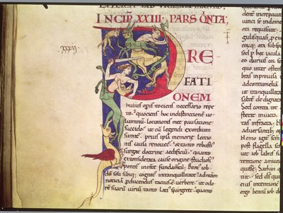 Ms 173 Iniziale istoriata P raffigurante centauri, draghi e mostri, da Moralia in Job di Papa Gregorio Magno da French School
