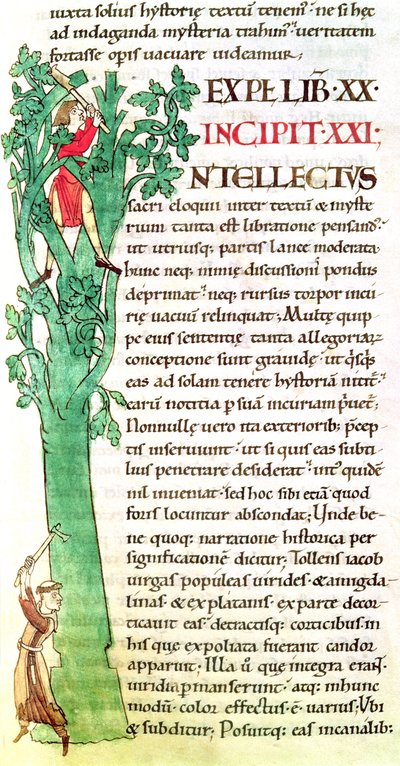 Ms 173 f.41 Iniziale istoriata I raffigurante un monaco e un laico che tagliano e potano un albero, da Moralia in Job di Papa Gregorio Magno da French School