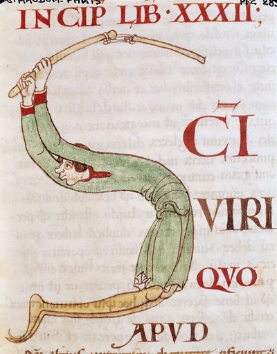 Ms 173 fol.148r Iniziale istoriate S che raffigura un uomo che trebbia, da Moralia in Job di Papa Gregorio Magno da French School