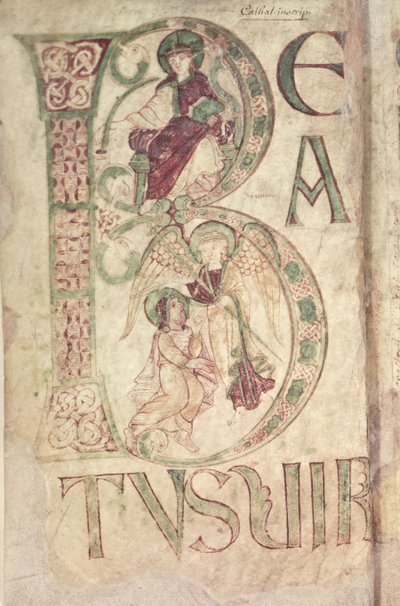 Iniziale istoriata B raffigurante San Giovanni Evangelista e un angelo, dal Salterio di Corbie da French School