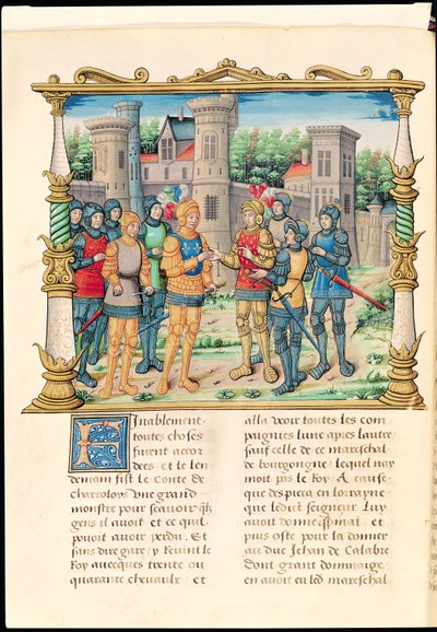 Ms 18 f.32v Il Trattato di Conflans tra Luigi XI e Carlo il Temerario, Duca di Borgogna, ottobre 1465, dalle Memorie di Philippe de Commynes da French School