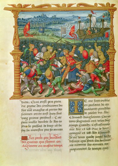Ms 18 f.73v Re Edoardo III che combatte nella Battaglia di Crécy nel 1346, dalle Memorie di Philippe de Commines (1445-1509) da French School
