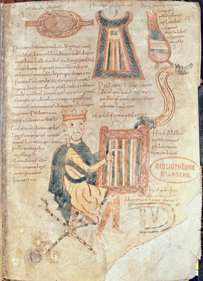 Ms 18 fol.13 Re Davide che suona un salterio, da un salterio da French School