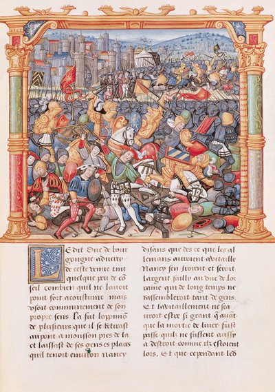 Ms 18 fol.150r Battaglia di Nancy nel 1477, dai Memoires de Philippe de Commines da French School