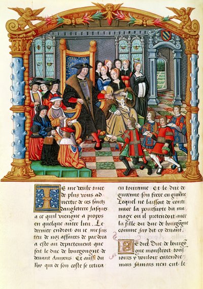 Ms 18 fol.84v Carlo il Temerario, Duca di Borgogna, riceve gli inviati dalla Francia e dalla Guienna, dai Memoires di Philippe di Commines (1445-1509) da French School