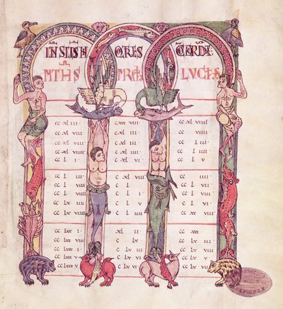 Ms. 1 Tavole canoniche degli Evangelisti decorate con animali fantastici, dal Vangelo di Saint-Michel-de-Cuxa, c.1070-1130 da French School