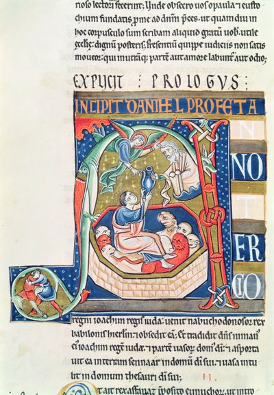 Ms 1 fol.185v Iniziale istoriata A raffigurante Daniele nella fossa dei leoni, dalla Bibbia di Souvigny da French School