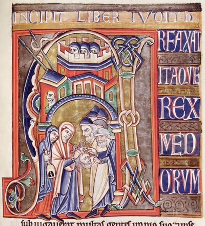 Iniziale istoriata raffigurante Giuditta con la testa di Oloferne, dalla Bibbia di Souvigny da French School