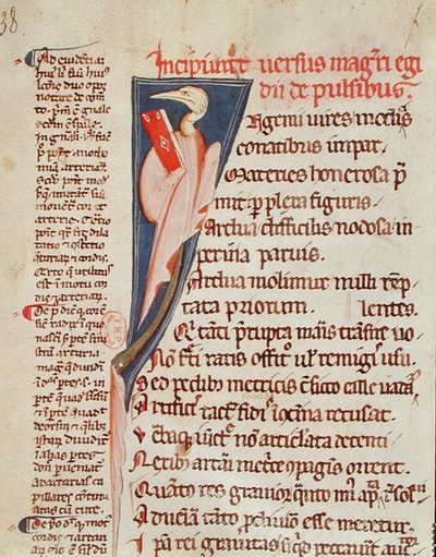 Ms 2046 fol.438 Un uccello che tiene un libro di Gilles de Corbeil (1165-1222) da 