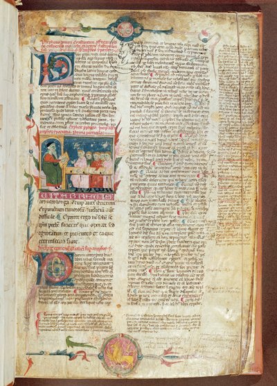 Scena di istruzione, prima pagina degli Aforismi di Ippocrate con Commenti di Galeno da French School