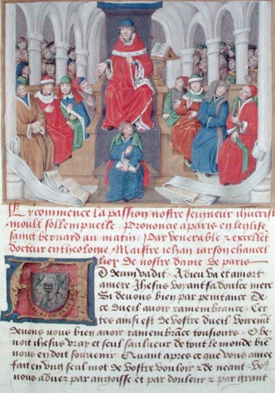 Jean de Gerson (1363-1429) che predica la Passione al mattino nella Chiesa di San Bernardo a Parigi, da Sermons sur la Passion et Traites Divers, c.1480 da French School