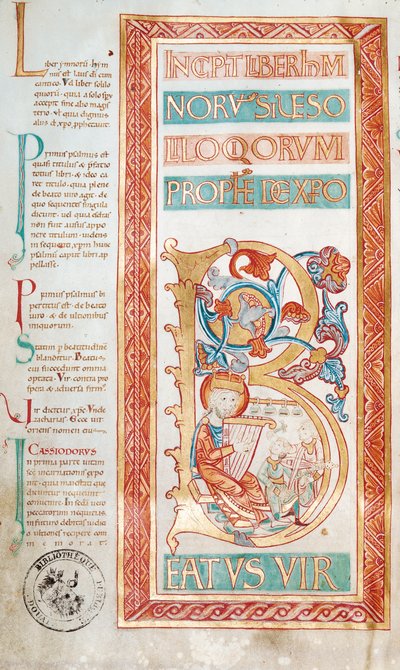 Ms 232 f.3v Iniziale istoriata B che raffigura il re Davide, da un libro di salmi da French School