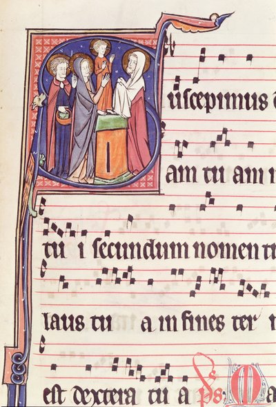 Ms 241 f.144 Iniziale istoriate S raffigurante la Presentazione di Gesù al Tempio, dall