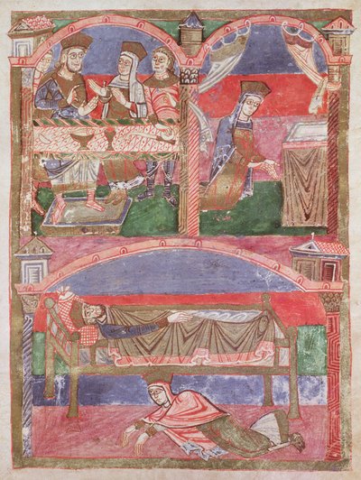 Santa Radegonda (518-87) alla tavola di Clotario I (497-561), nel suo oratorio e ai piedi del letto reale, dalla Vita di Santa Radegonda da French School