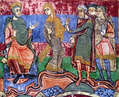 Ms 250 f.24r Santa Radegonda (518-87) condotta davanti a Clotario I (497-561) dalla Vita di Santa Radegonda da French School