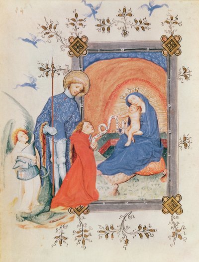 Ms 3024 fol.12v Vergine e Bambino con un uomo inginocchiato e San Giorgio, da un Libro d