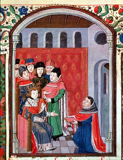Ms 3045 fol.1 Jean de Meung (1240-1305) che offre la sua traduzione a Filippo il Bello (1268-1314) da De Consolatione Philosophiae di Boezio da French School