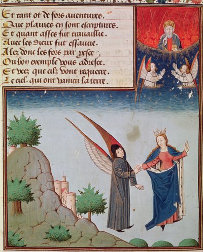 Ms 3045 fol.94r Lady Filosofia guida Boezio in volo nel cielo con le ali che gli ha dato; Dio Padre guarda benedicendo da French School