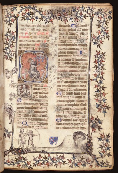 Ms 306 f.27r Re Davide seduto suona un carillon di cinque campane, da un Breviario, Uso di Parigi, 1400 da French School