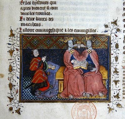 La Trinità e la figura inginocchiata del donatore, miniatura dalla Bibbia Historiale di Guyart des Moulins da French School