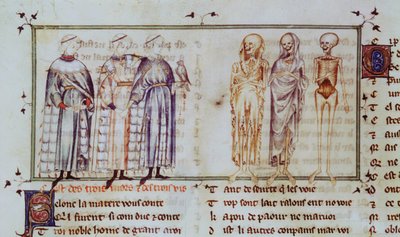 Ms 3142 fol.311r La storia dei tre vivi e dei tre morti, da Recueil de Poesies Francaises, c.1280-90 da French School