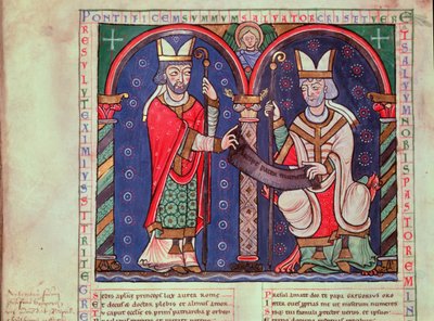 Ms 3401 fol.39v Rabano Mauro (c.780-856) Offre il suo Libro a Papa Gregorio I (540-604) dall