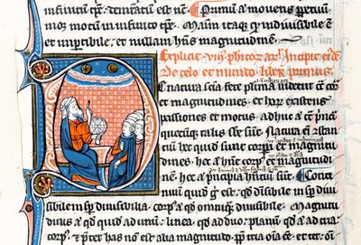 Ms 3458 fol 62vo Iniziale istoriata D raffigurante Aristotele che tiene una sfera armillare e indica il cielo mentre insegna a un gruppo di chierici dell