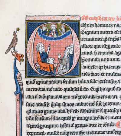 Ms 3458, iniziale istoriata O che raffigura il filosofo greco antico Aristotele, che insegna a un gruppo di chierici dell