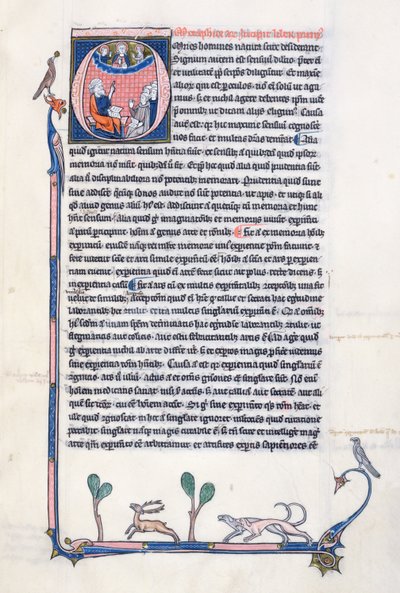 Ms 3458, iniziale istoriata O che raffigura il filosofo greco antico Aristotele, che insegna a un gruppo di chierici dell