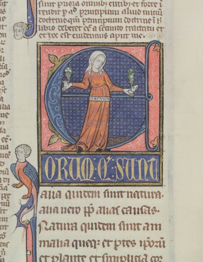 Iniziale istoriata E con una rappresentazione della Natura, dalla Fisica di Aristotele (384-322 a.C.) da French School