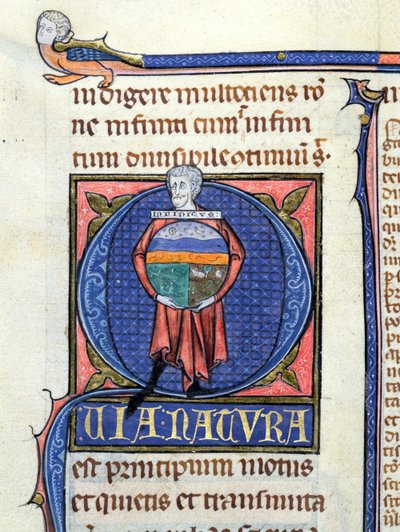 Ms 3469 Filosofo che tiene un globo con i Quattro Elementi, dalla Fisica di Aristotele da French School