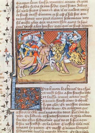 Ms 3479 t.1 fol.539 Quando i cavalli si scontrano, dal Livre de Messire Lancelot du Lac da French School