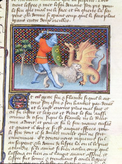 Ms 3480 Yvain, il Cavaliere con il Leone, che combatte un drago, miniatura da Roman de Lancelot da French School