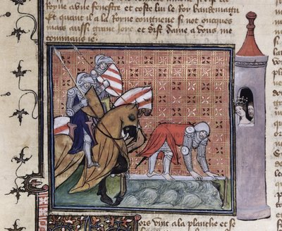 Ms 3480 fol.77 Lancillotto che attraversa il Ponte della Spada, dal Livre de Messire Lancelot du Lac da French School