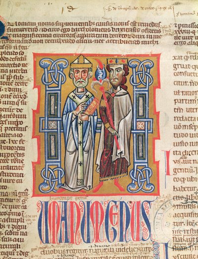 Ms 354 fol.9 Miniatura di un vescovo e un re dal Decretum Gratiani, XIV secolo da French School