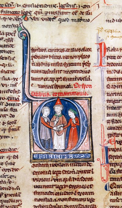 Ms 365 fol.318v Iniziale istoriata D raffigurante un matrimonio, dai Decretali di Gregorio IX da French School